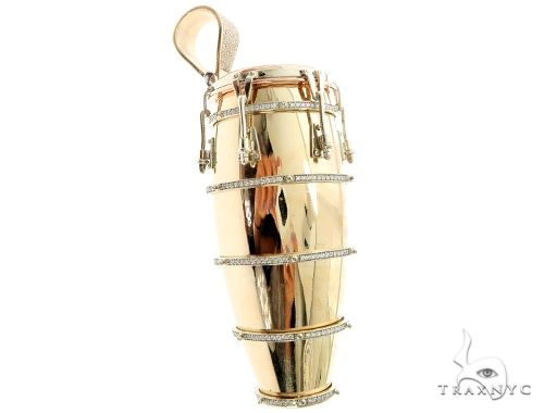 14K Three Tone Gold Pave Prong Diamond Conga Drum Pendant 63859 - Image 2