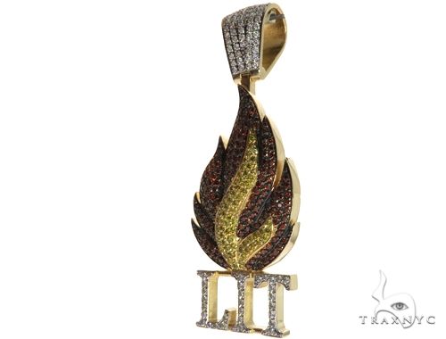 14K Yellow Gold Prong Diamond Custom Gold Flame LIT Pendant 63781 - Image 3