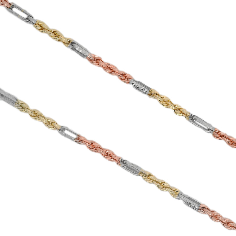 14K Three Tone Gold Solid Figarope Link Chain 22 Inches 3mm 70301