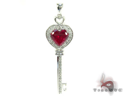 Synthetic Vivid Red Ruby Heart Key Pendant 25107 - Image 1
